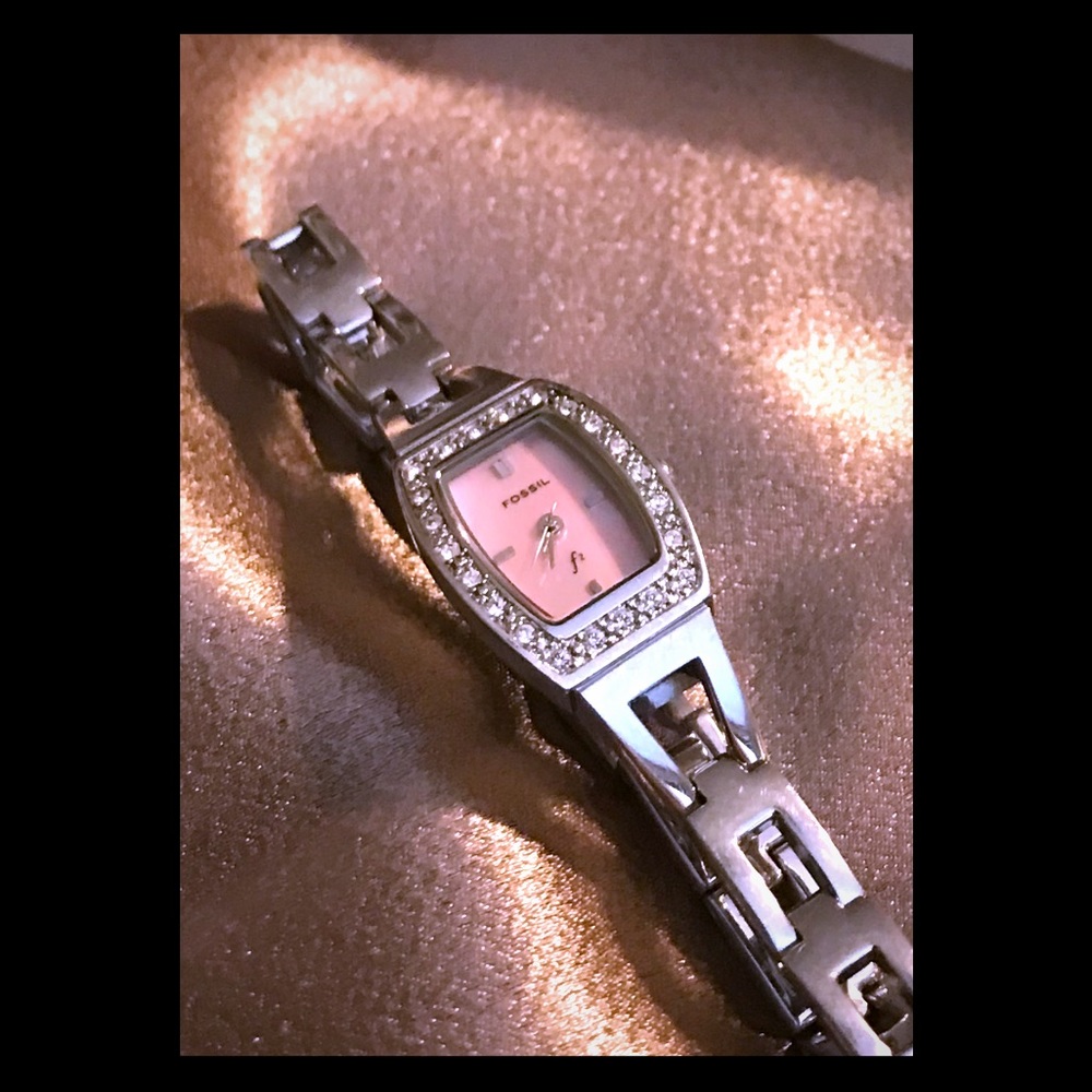 Women’s Silver Fossil Watch with Pink face W/BLING